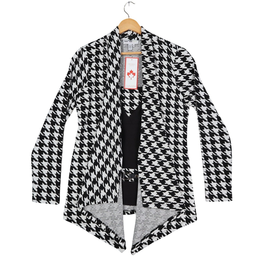 Lanalee Cardigan Women Small Black White Houndstooth Open Front Made in Canada